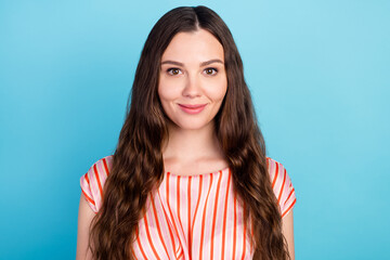 Poster - Photo of positive cheerful lovely lady sincere peaceful smile wear striped blouse isolated blue color background