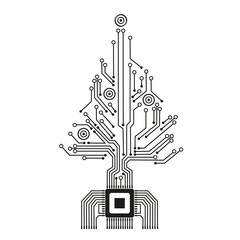 Christmas tree from digital electronic circuit. Abstract lighting motherboard microchip. Vector illustration