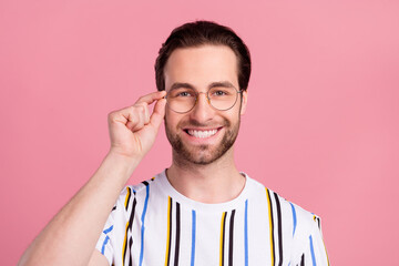 Sticker - Photo portrait man in t-shirt glasses smiling happy isolated pastel pink color background