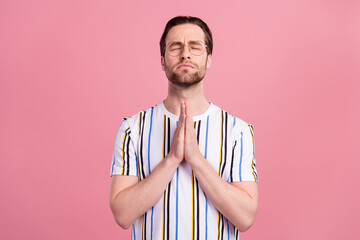 Sticker - Photo portrait man in t-shirt glasses got problem need luck isolated pastel pink color background