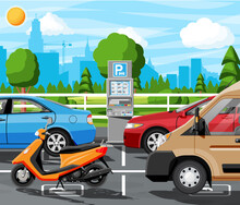 Pay For Car Park With Parking Meter Cityscape. Ticket Machine Icon. Sedan, Van, Motorbike Vehicle. Self Service Parking Pay. Electronic Payment Terminal. Cartoon Flat Vector Illustration