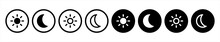 Day And Night, Dark And Light Modes. Screen Modes Icons Set. Screen Brightness And Contrast Level Control Icons. Day Night Switch. Vector Illustration
