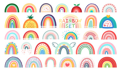 Mega set Boho rainbows isolated on white background. In cute delicate pastel colors. Hand drawing style for posters, prints, cards, fabric, textile, children's books and decorating baby clothes.