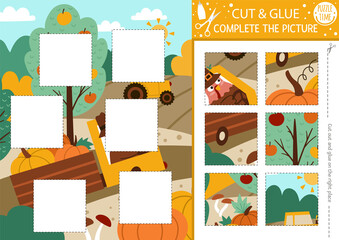 Wall Mural - Vector Thanksgiving day cut and glue activity. Autumn crafting game with cute farm harvest scene with turkey. Fun printable worksheet for children. Find the right piece of the puzzle. Complete picture