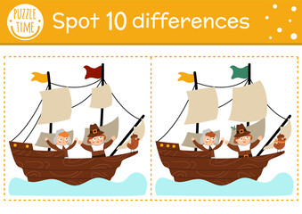 Wall Mural - Find differences game for children. Thanksgiving educational activity with pilgrims sailing on a ship. Printable worksheet. Autumn historical holiday puzzle for kids. Fall preschool sheet.