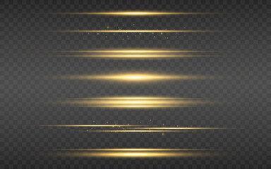 Poster - Glow lines set. Gold light effect on transparent background. Bright luxury flares. Horizontal energy lines. Yellow flashes for poster or banner. Vector illustration