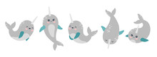 Cute Narwhals Stickers Collection, Sea Unicorn Animal Characters, Baby Whale Set. Funny Ocean  Creatures With Horn In Grey Pastel Colors Clip Art, Modern Trendy Vector Illustration, Flat Cartoon Style