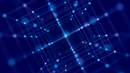 Fototapete - Digital blockchain concept. Data storage in separate cells. Abstract background with dots and connection lines. 3D rendering.