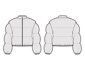 Wall Mural - Down puffer jacket coat technical fashion illustration with long sleeves, stand collar, zip-up closure, boxy fit, crop length, wide quilting. Flat front, back, grey color style. Women, men, unisex CAD