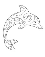 Dolphin - Vector Linear Illustration With Zentangles For Coloring. Outline. Jumping Dolphin - Sea Coloring Antistress.