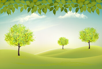 Poster - Summer nature background with a green trees and landscaper. Vector