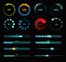Poster - Loading process and status bar icons, HUD interface. Vector Sci Fi digital futuristic elements for dashboard, technology style neon glowing ui navigation for game menu design or web site data load