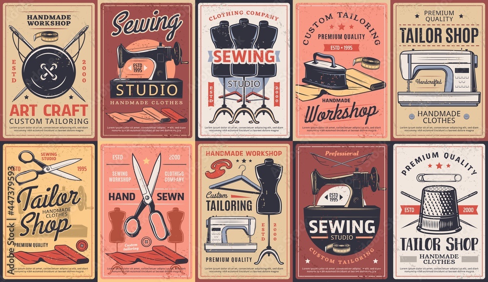 Tailor shop, dressmaking atelier and sewing workshop, vector retro ...