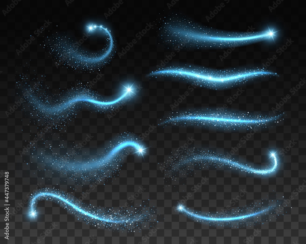 Magic blue sparks, glitters and space stardust light effect and sparkle texture on transparent background. Vector alling star trails and comet tails, wave of magic wand with glowing - obrazy, fototapety, plakaty 