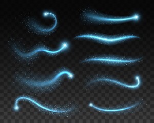 Wall Mural - magic blue sparks, glitters and space stardust light effect and sparkle texture on transparent backg