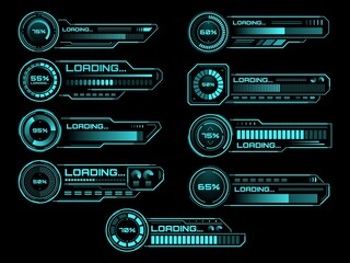 Leinwandbilder - HUD futuristic loading process and status bars, vector interface icons. HUD loading bars on digital screen for future technology, load power and download bars for game dashboard panel UI