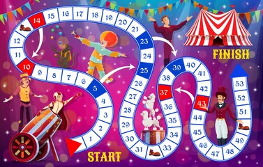 Leinwandbilder - Boardgame with shapito circus performers, kids tabletop game, vector template. Kids cartoon track move and dice board game with circus clowns and animals, children entertainment and brain activity