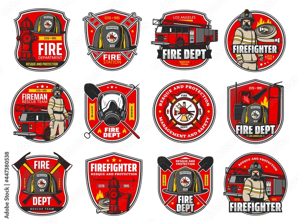Firefighting icons, heraldic symbols, vector protective helmet and gas mask, fire axe and shovel. Extinguisher, hydrant and fire truck with walkie talkie. Firefighter labels or badge of department set - obrazy, fototapety, plakaty 