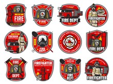 Firefighting Icons, Heraldic Symbols, Vector Protective Helmet And Gas Mask, Fire Axe And Shovel. Extinguisher, Hydrant And Fire Truck With Walkie Talkie. Firefighter Labels Or Badge Of Department Set