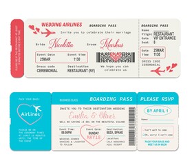 Sticker - Boarding pass tickets, wedding invitation vector template. Wedding airline flight boardpass card, air travel coupon or passport, wedding ceremony or marriage vacation invite design with hearts