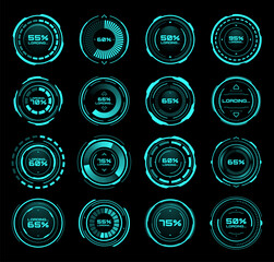 Poster - HUD futuristic loading bars of process and status interface vector icons. Digital technology panel with HUD downloading bars on neon screen or dashboard controls on display with percent status