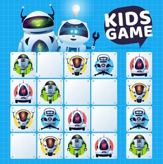 Poster - Kids sudoku game with robots maze, vector education puzzle and logic riddle. Educational block game worksheet template with cartoon artificial intelligence robots and modern white android bots