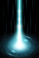 Leinwandbilder - Big data internet technology. Digital network stream wave background. Information flow, computer program code and data transfer vector concept with blue neon light beam bursting from binary code
