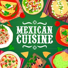 Sticker - Mexican food restaurant meat meals, seafood and vegetable dishes menu cover. Chorizo taco and pepper salad, beef tortillas, dates tapas and salmon ceviche, guacamole vector. Mexican cuisine snacks