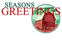 Seasons Greetings Illustration With Red Barn And Green Field Holiday Board Poster Card Graphic