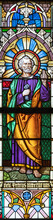 VIENNA, AUSTIRA - JUNI 24, 2021: The St. Peter The Apostle On The Stained Glass Of Church St. Severin.