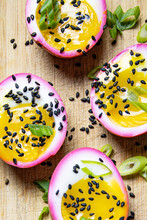 Beet Pickled Jammy Eggs With Black Sesame Seeds And Green Onions