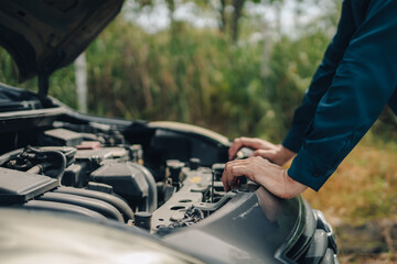 Poster - Serious man front of car breakdown and open bonnet on roadside. Car broken concept.