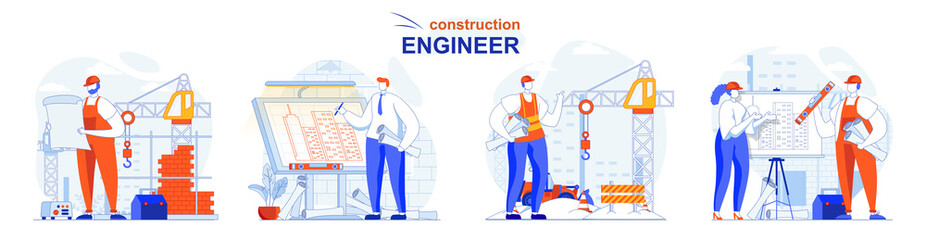 Poster - Construction engineer concept set. Architect with plan, contractor works on site. People isolated scenes in flat design. Vector illustration for blogging, website, mobile app, promotional materials.