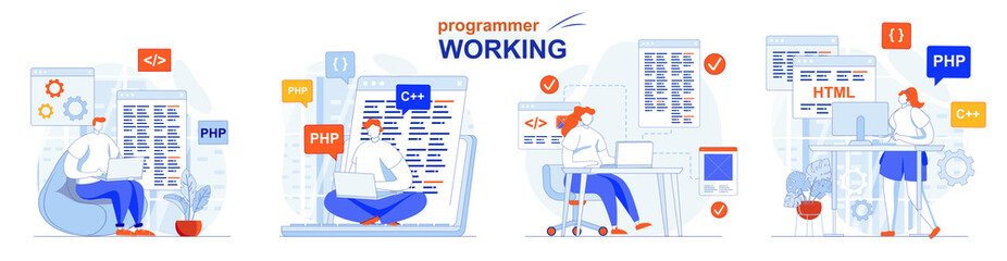 Aufkleber - Programmer working concept set. Software development, code programming, testing. People isolated scenes in flat design. Vector illustration for blogging, website, mobile app, promotional materials.