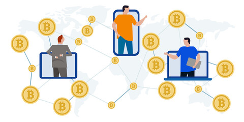 Poster - Bitcoin crypto currency block chain digital electronic money transaction international business network between device laptop smart phone mobile