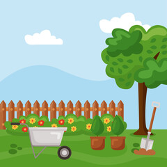 Wall Mural - wheelbarrow plants shovel and tree