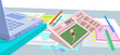 Paper publication with fresh news. Newspaper about sports, football, games, soccer against background of workplace. Newspaper with news and sports headline. Publishing article about football