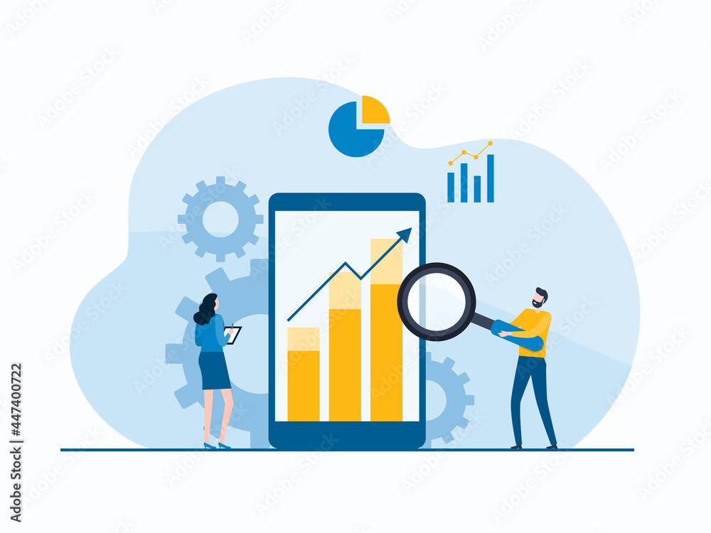 business people analytics and monitoring report dashboard on mobile phone monitor concept and vector illustration design for web landing banner background - obrazy, fototapety, plakaty 