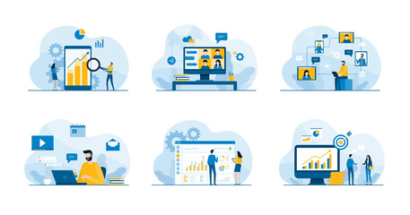 Leinwandbilder - Set Flat vector illustration design concept for web site landing page banner and mobile application Onboarding design. business  data analysis. finance investment. online conference