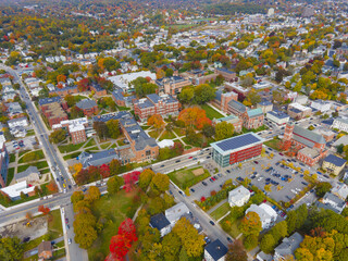 Clark University and University Park aerial view with fall foliage in City of Worcester, Massachusetts MA, USA.