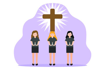 Wall Mural - Religion vector concept. Three women praying together while holding candlelight with cross symbol background