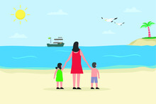 Vacation Vector Concept: Young Mother And Little Children Enjoying Holiday In The Beach Together 