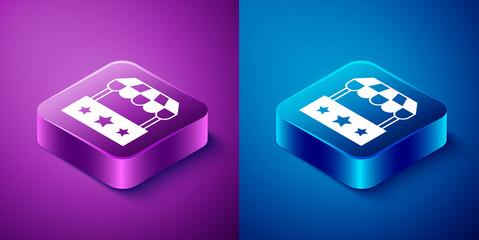 Poster - Isometric Ticket box office icon isolated on blue and purple background. Ticket booth for the sale of tickets for attractions and sports. Square button. Vector