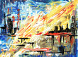 Abstraction with a flying city on the water. Acrylic painting, hand drawing.