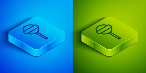 Sticker - Isometric line Lollipop icon isolated on blue and green background. Food, delicious symbol. Square button. Vector