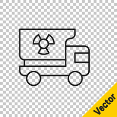 Sticker - Black line Truck with radiation materials icon isolated on transparent background. Vector