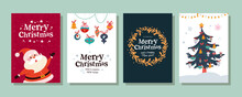 Collection Of Merry Christmas Congratulation Cards With Santa Claus Character, Xmas Toys, Mistletoe Wreath And Decorated Fir Tree. Vector Flat Cartoon Illustration. For Invitation, Tags, Banners.