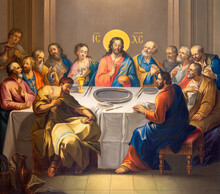 VIENNA, AUSTIRA - JULI 5, 2021: The Painting Of Last Supper In Barbarakirche Church By Efrem Klein (1780).