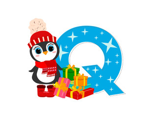 Wall Mural - Cute Cartoon christmas penguin with letter Q. Perfect for greeting cards, party invitations, posters, stickers, pin, scrapbooking, icons.