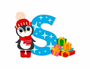 Wall Mural - Cute Cartoon christmas penguin with letter S. Perfect for greeting cards, party invitations, posters, stickers, pin, scrapbooking, icons.